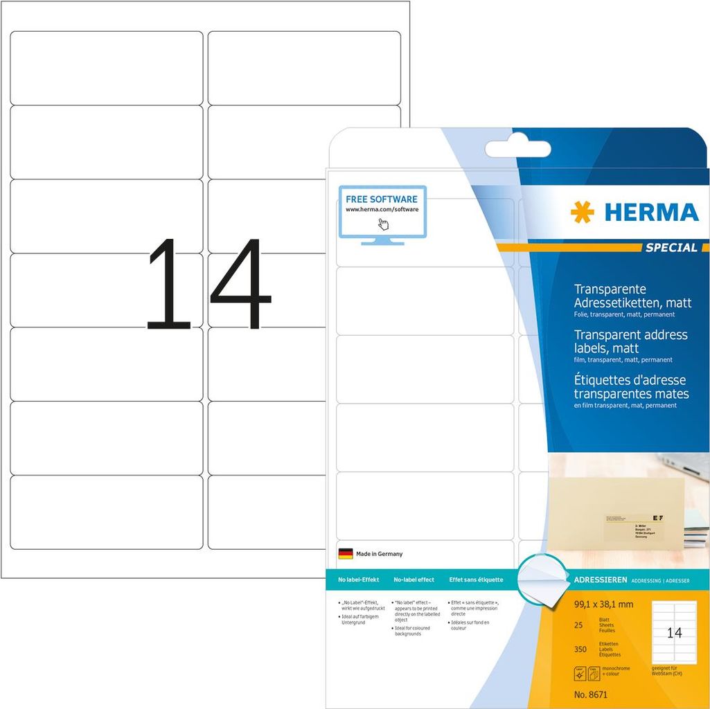 HERMA Special Self-Adhesive Address Labels Transparent Matte 99.1 x 38.1 mm 350 Labels (8671)