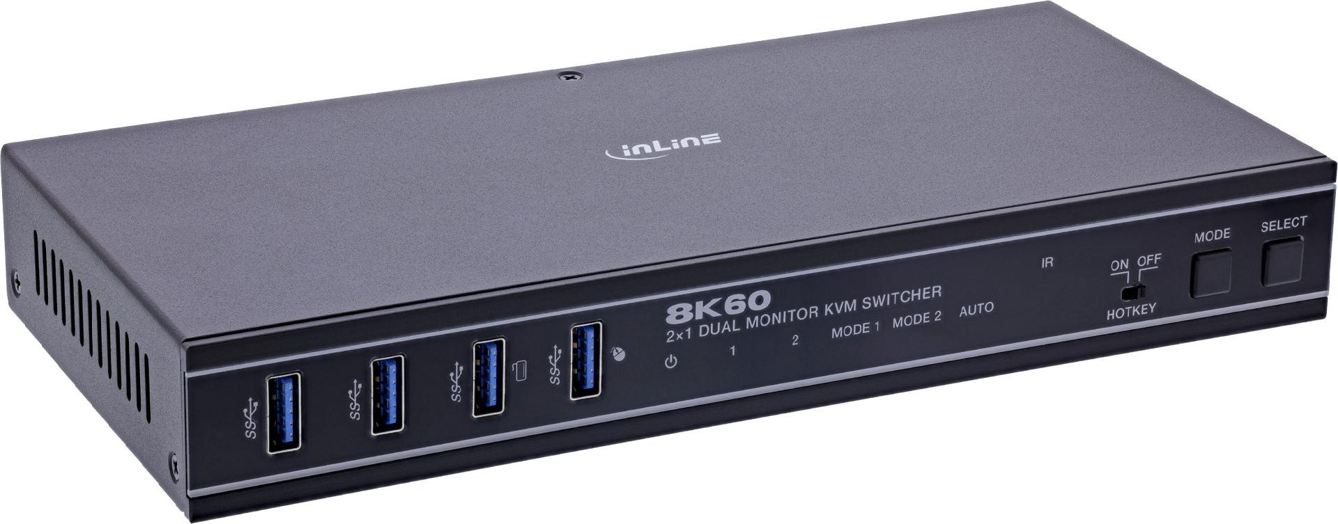 InLine KVM Switch 2-Port HDMI Dual Monitor 8K60Hz USB Hub - Black (57885H) 2-fach
