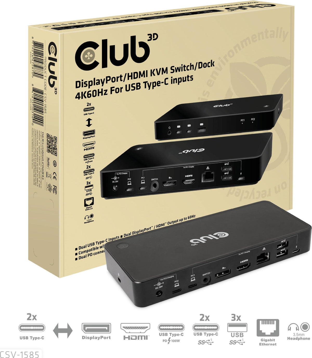 Club 3D CSV-1585 Docking Station - USB-C x 2 - DP, HDMI - 1GbE - 120 Watt (CSV-1585)