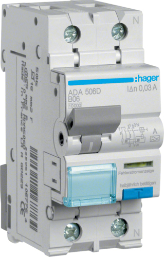 Hager FI/LS Switch 1P+N 10kA B-6A 30mA ADA506D