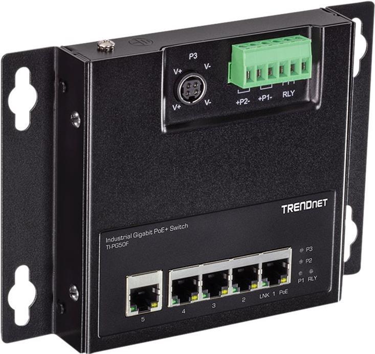 TRENDnet TI-PG50F - Industrial Switch - Unmanaged - 5 x 10/100/1000 (PoE+) - DIN Rail and Wall Mountable - PoE+ (120 W)