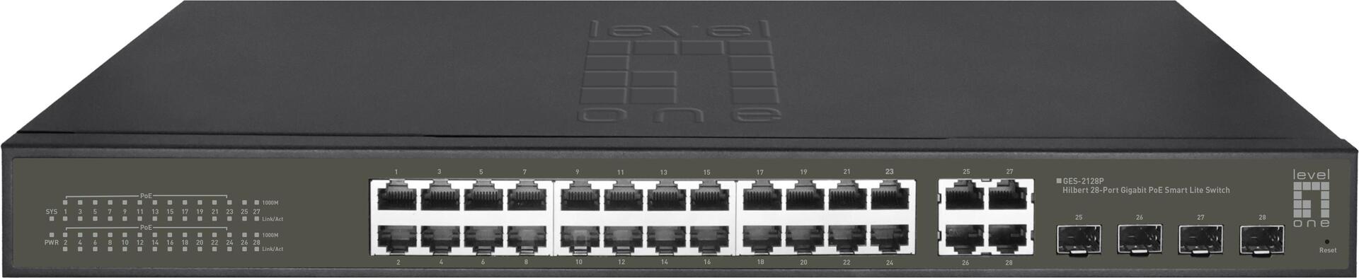 LevelOne Hilbert 28-Port Gigabit PoE Smart Lite Switch - 24 PoE Ausgänge - 4 x Gigabit SFP/RJ45 Combo - 802.3at/af PoE - 380W PoE-Leistungsbudget (GES-2128P)