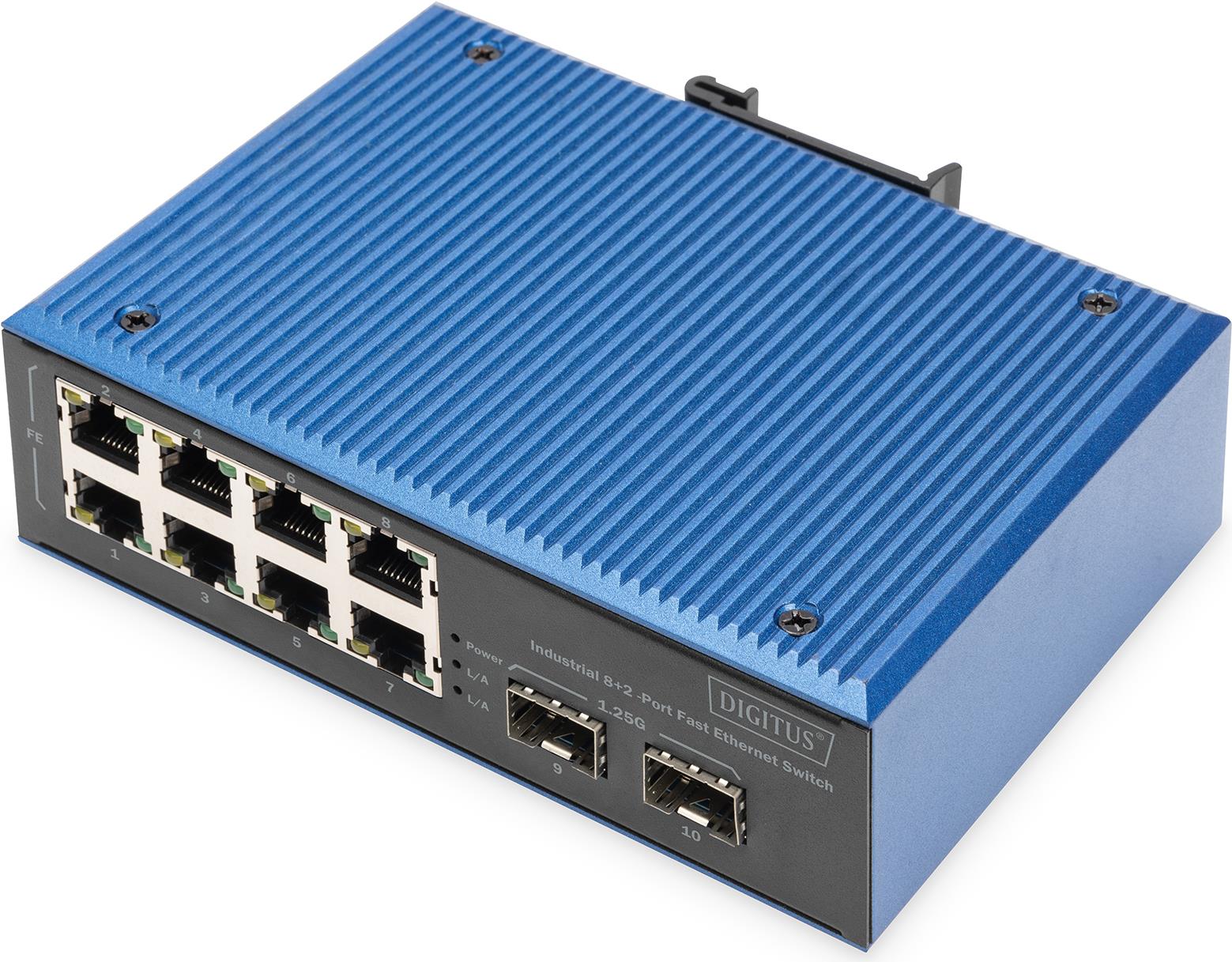 Digitus Industrial 8+2-Port Fast Ethernet Switch. Switch-Typ: Unmanaged. Basic Switching RJ-45 Ethernet Ports-Typ: Fast Ethernet (10/100), Anzahl der basisschaltenden RJ-45 Ethernet Ports: 8, Anzahl installierten SFP Module: 2. Vollduplex.