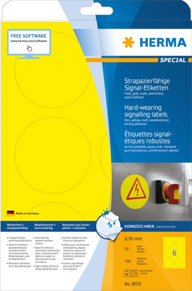 HERMA Signage Labels A4 Ø 85 mm Yellow Strong Adhesion Film Matt 150 pcs. Model 8035