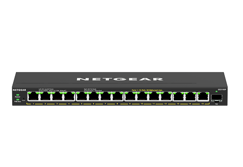 NETGEAR Plus GS316EP - Managed Switch - 15 x 10/100/1000 (PoE+) + 1 x SFP - Desktop, Wall-Mountable - PoE+ (180 W)
