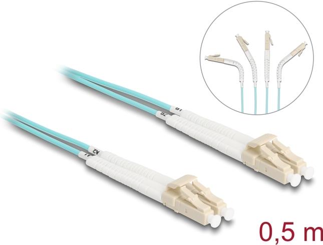 Delock Fiber Optic Cable LC Multi-Mode Duplex 0.5 m OM3 Halogen-free Angled Connectors Aquamarine (88078)