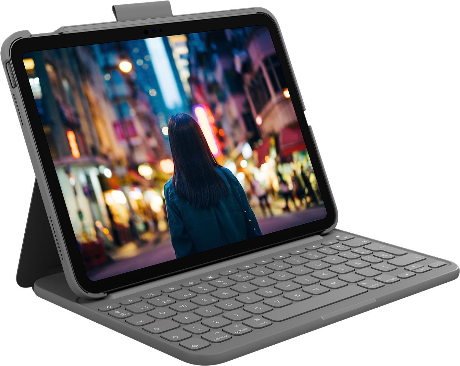 Logitech Slim Folio - Keyboard and Folio Case - Wireless - Bluetooth LE - QWERTY - Spanish - Oxford Gray - for Apple 10.2"
