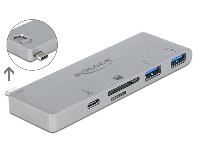 DeLock 3 Port Hub and 2 Slot Card Reader for MacBook - USB 3.2 Gen 1 + USB-C - 64078