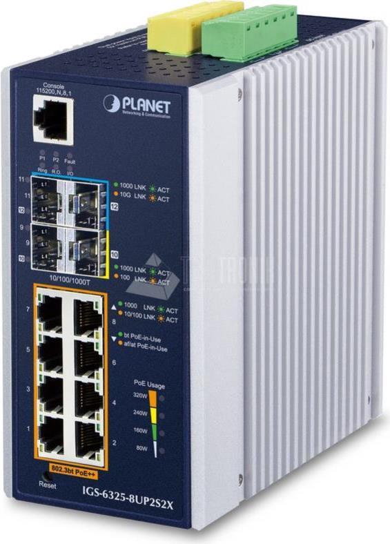 PLANET IP30 DIN-Rail Industrial L3 Managed Gigabit Ethernet Switch - 8 Ports - for IGS-6325-8UP2S2X