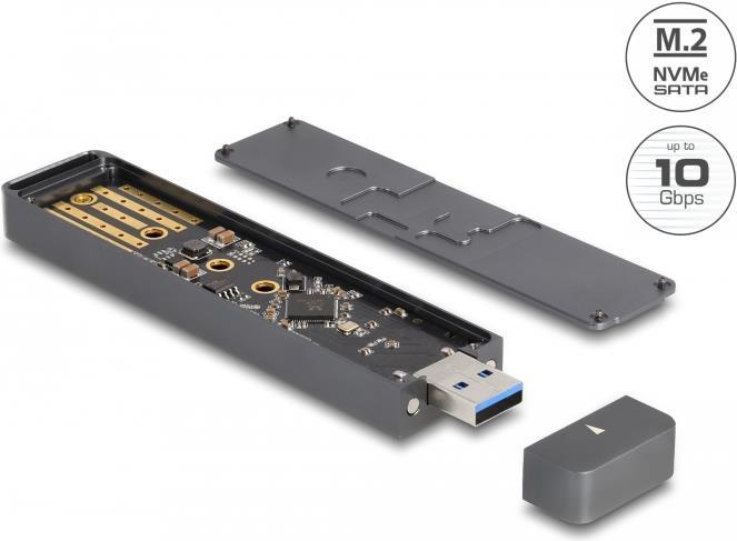 Delock - Speichergehäuse - externes Gehäuse für M.2 NVME PCIe SSD oder SATA SSD mit USB 10 Gbps Typ-A-Stecker - M.2 - M.2 NVMe Card / SATA 6Gb/s - USB 3,2 (Gen 2) - Grau (42021)