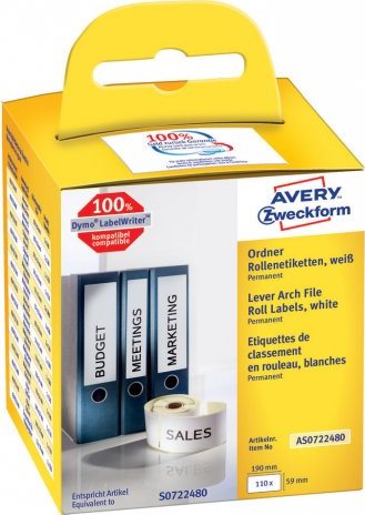 Avery Zweckform Permanent Adhesive Lever Arch Labels White 59 x 190 mm 110 Labels AS0722480