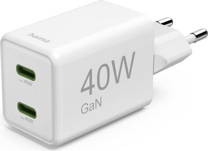 Hama GaN Fast Charger, 2x USB-C, Super Mini, PD, 40W, White, 00125146