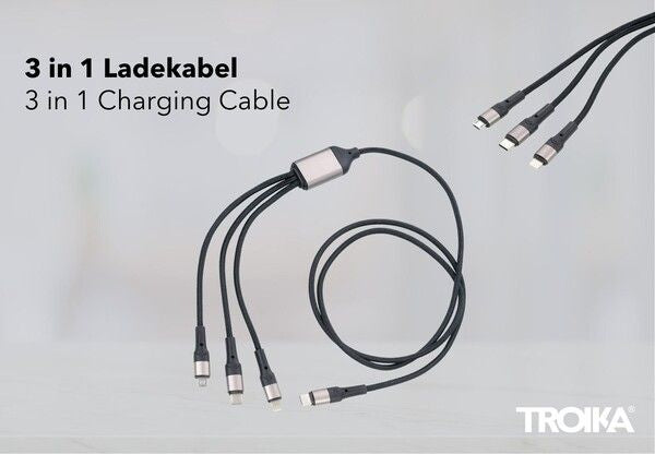 TROIKA DREIZACK PRO USB Cable 1.2 m USB C USB C/Micro USB-A/Lightning 100 W Black, Grey | Model 540902