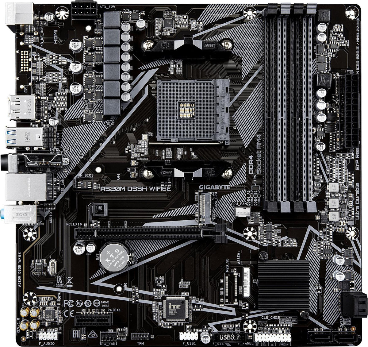 GIGABYTE A520M DS3H WIFI6E Motherboard - Supports AMD Ryzen 5000 Series AM4 CPUs, DDR4 up to 4733MHz, Model 590446