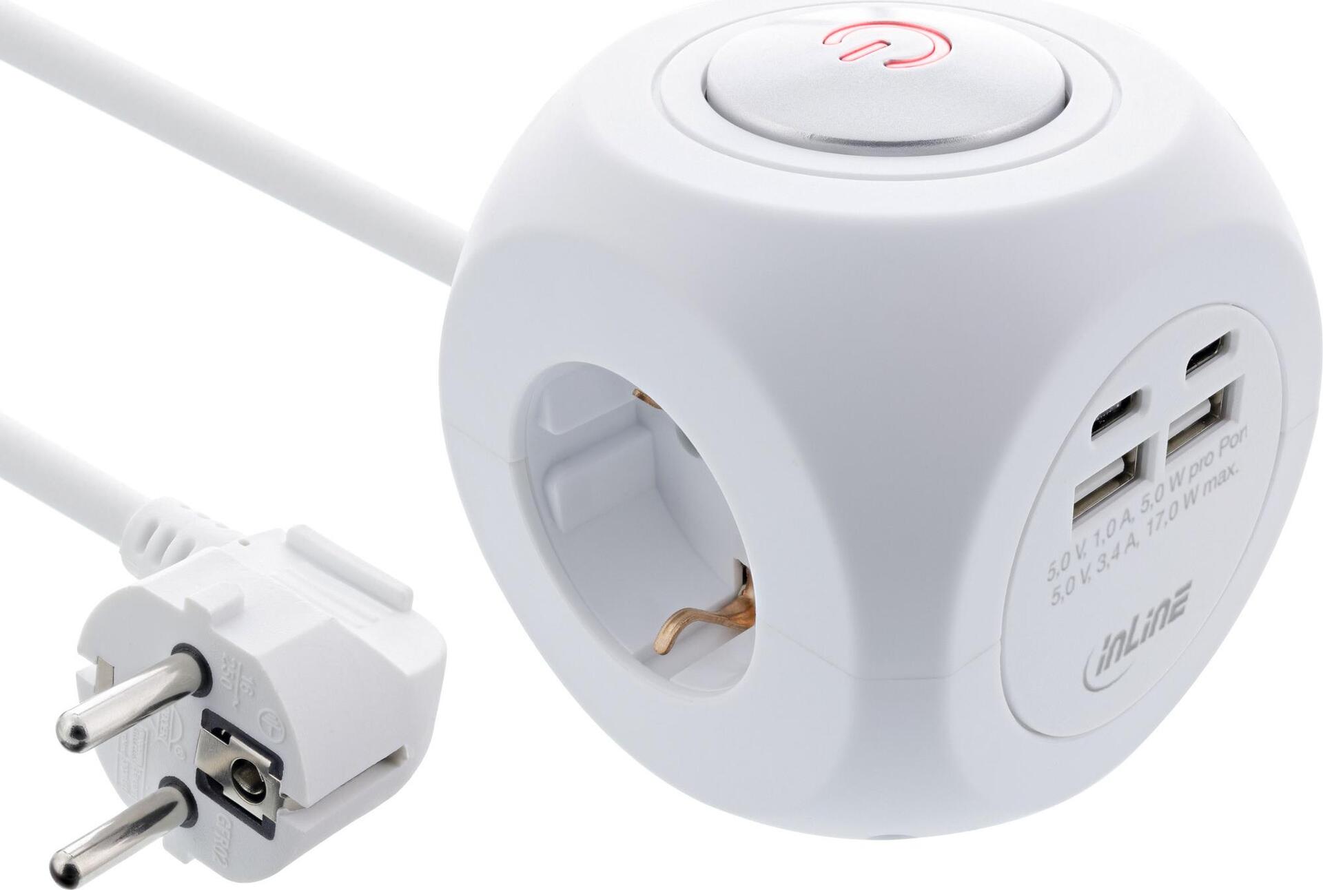 InLine® Charging Cube, 3x Schuko, 2x USB-C, 2x USB-A, White, 2 m (16499A)