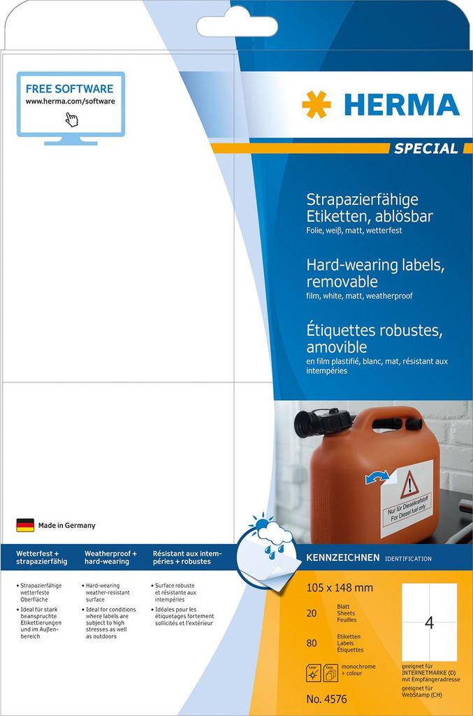HERMA Special Weather-proof Removable Matte Labels - White 105 x 148 mm (80 Labels)