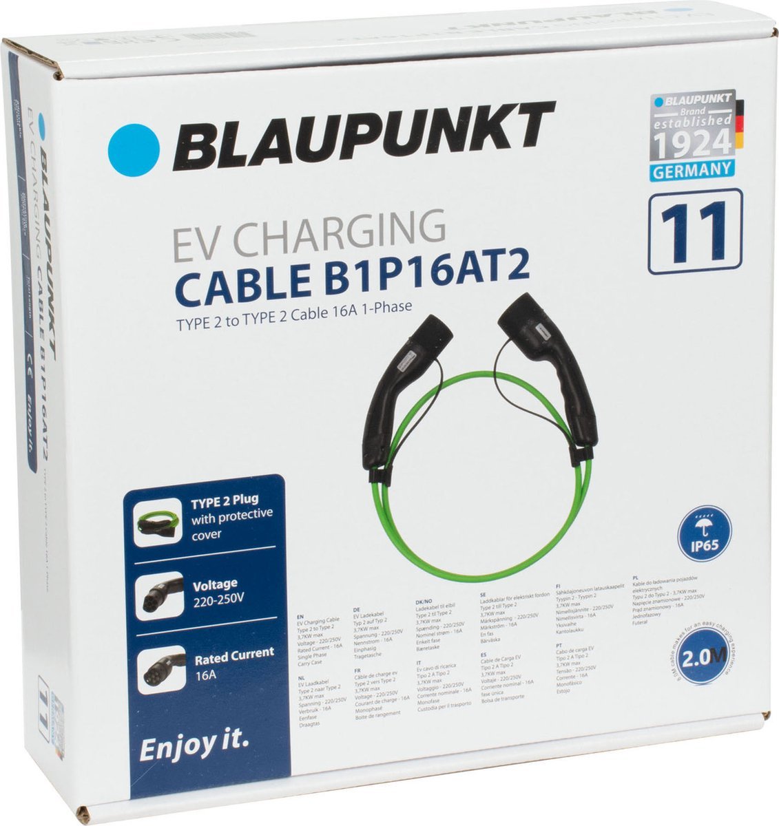 Blaupunkt Charging Cable for Electric Cars - Type 2 to Type 2 - 2 m - 16A - 1 Phase (B1P16AT2 - 100397)