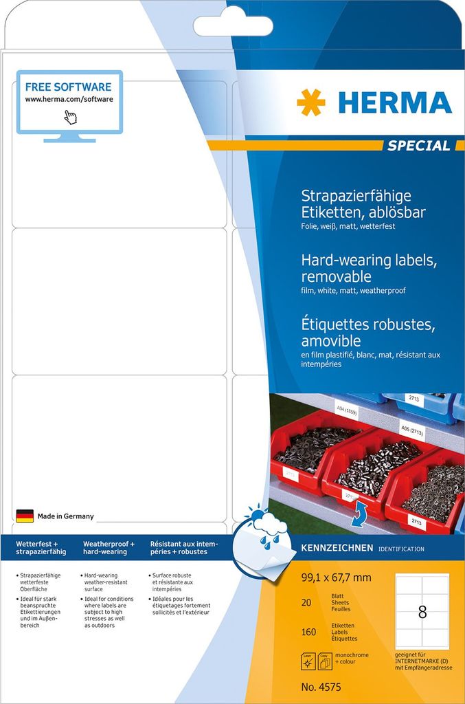 HERMA Special - Weather-proof self-adhesive removable matte labels - weiß - 99,1 x 67,7 mm 160 Etikett(en) (20 Bogen x 8) (4575)