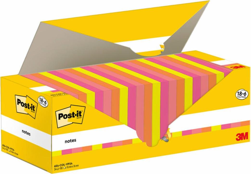 3 M 654-COL-VP24 Square Adhesive Notes Assorted Colors 100 Sheets Self-Adhesive (654-COL-VP24)