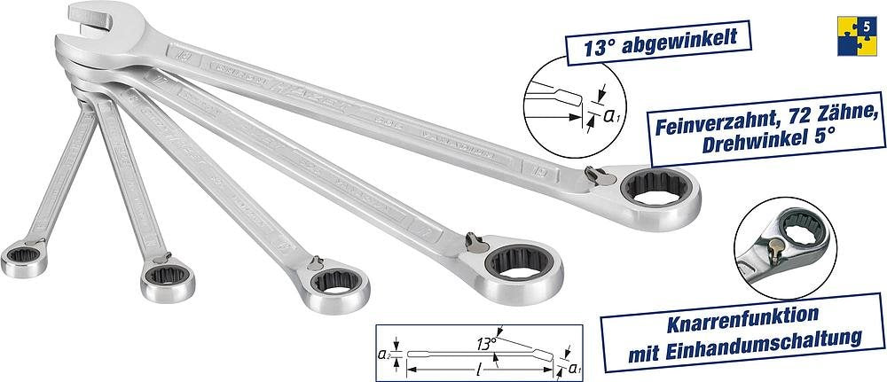 HAZET 606/5 - 8,10,13,17,19 mm - Chrom - Chrom - Glänzend - 13° - Deutschland (606/5)