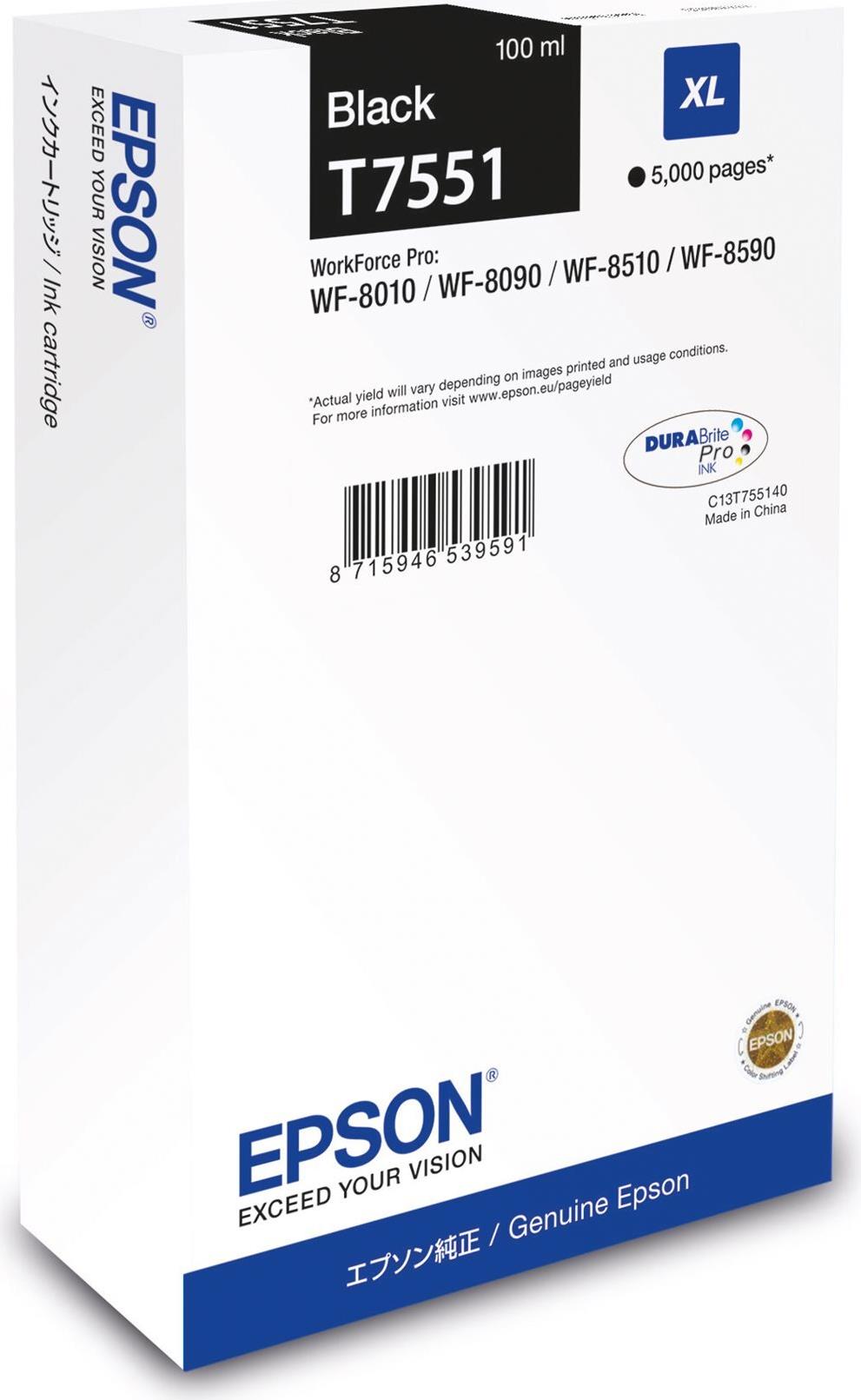 Epson T7551 - 100 ml - Größe XL - Schwarz - original - Tintenpatrone - für WorkForce Pro WF-8090, WF-8590 (C13T75514N)