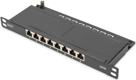 DIGITUS - Patch Panel - CAT 6a, abgeschirmt - geeignet für Wandmontage, Rack montierbar - CAT 6a - RJ-45 X 8 - Schwarz, RAL 9005 - 0,5U - 25,4 cm (10") (DN-91608S-SL-EA)