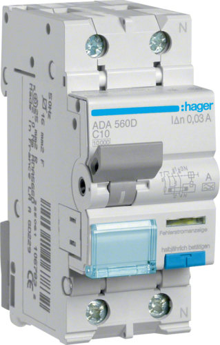 Hager FI/LS Switch 1P+N 10kA C-10A 30mA ADA560D
