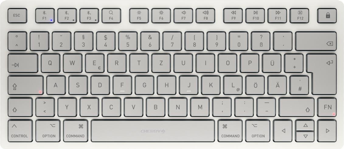 CHERRY KW 7100 Mini - Tastatur - für MAC - 75% - compact - kabellos - Bluetooth 5,1 - QWERTZ - Deutsch - Tastenschalter: CHERRY SX - Mondlichtweiß - plastikfreie Verpackung (JK-7110DE-25)