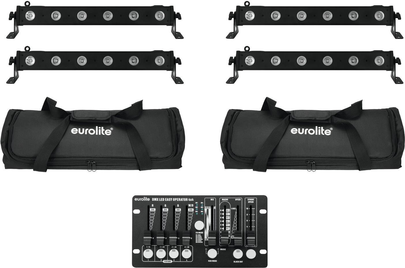 Set of 4 Eurolite LED Bar-6 QCL RGBW Strips, 2 Eurolite SB-205 Softbags, 1 Eurolite DMX LED Operator 2 Controller