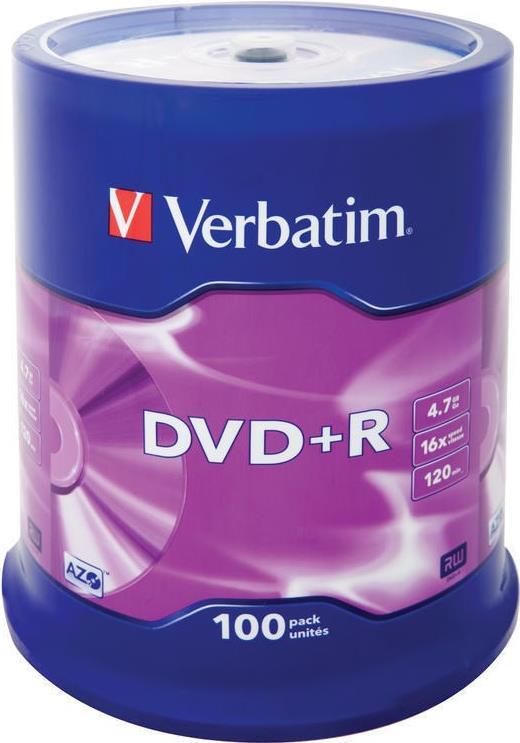 Verbatim DVD+R - 100 Pack - 4.7GB - 16x - Matte Silver - Spindle (43551)