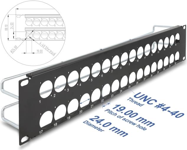 Delock 19" D-Type Patch Panel with Relief Rails - 32 Port - 2U - Black (67057)