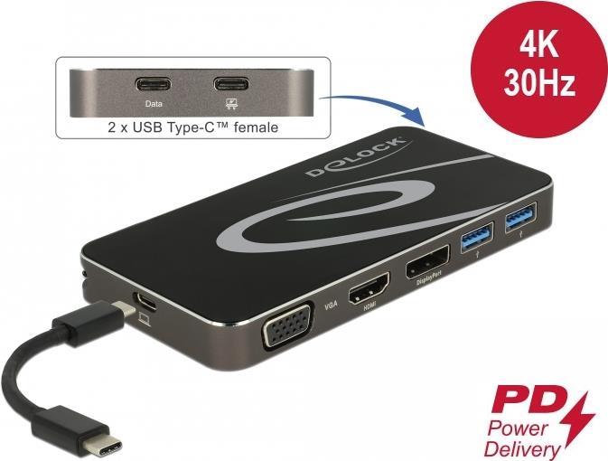 DeLOCK USB Type-C 3,2 Dockingstation 4K - Dockingstation - USB-C 3,2 Gen 1 / Thunderbolt 3 - VGA, HDMI, DP (87773)