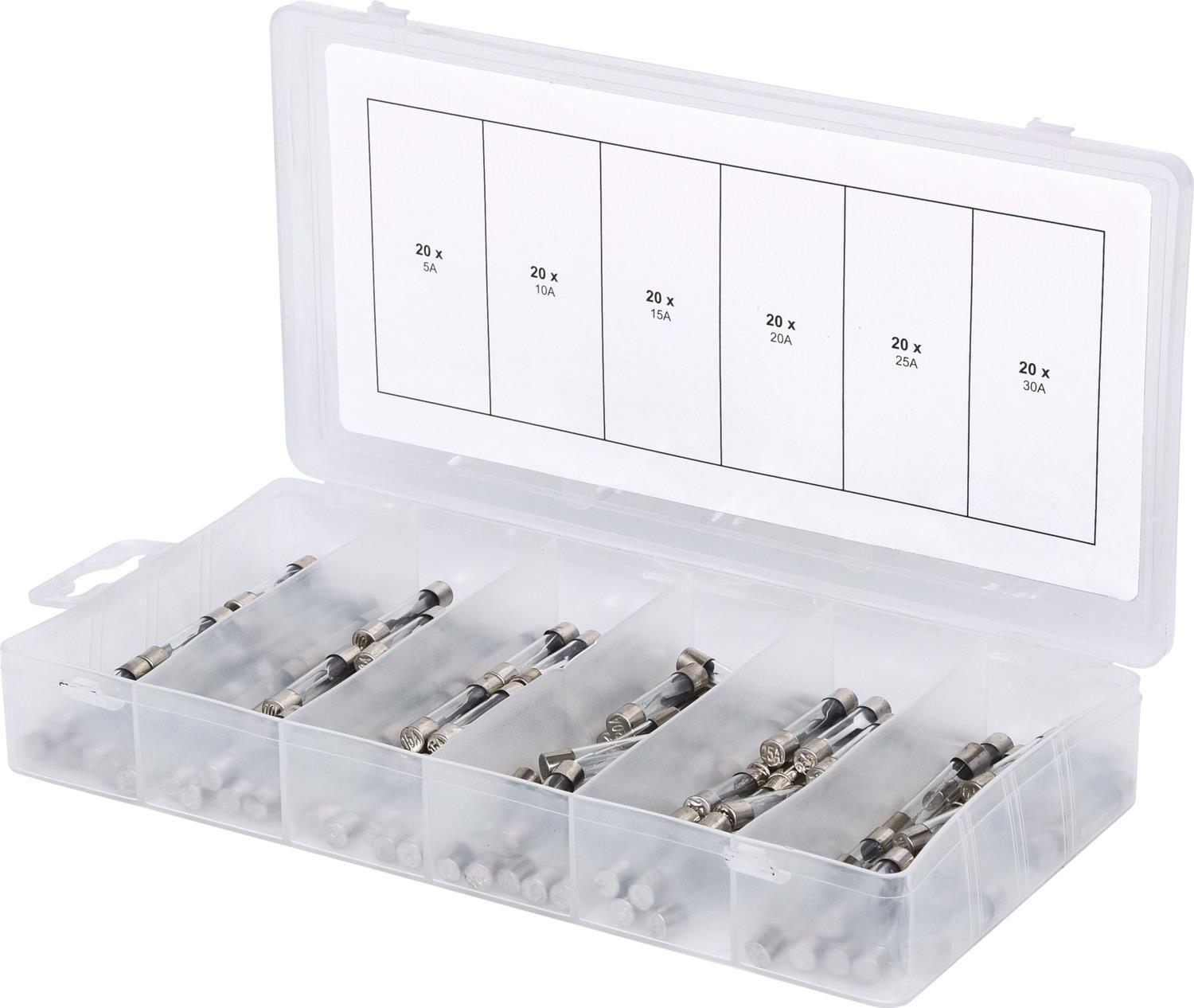 KS TOOLS Assortment of Glass Fuses 5-30A, 120-Piece (970.0270)
