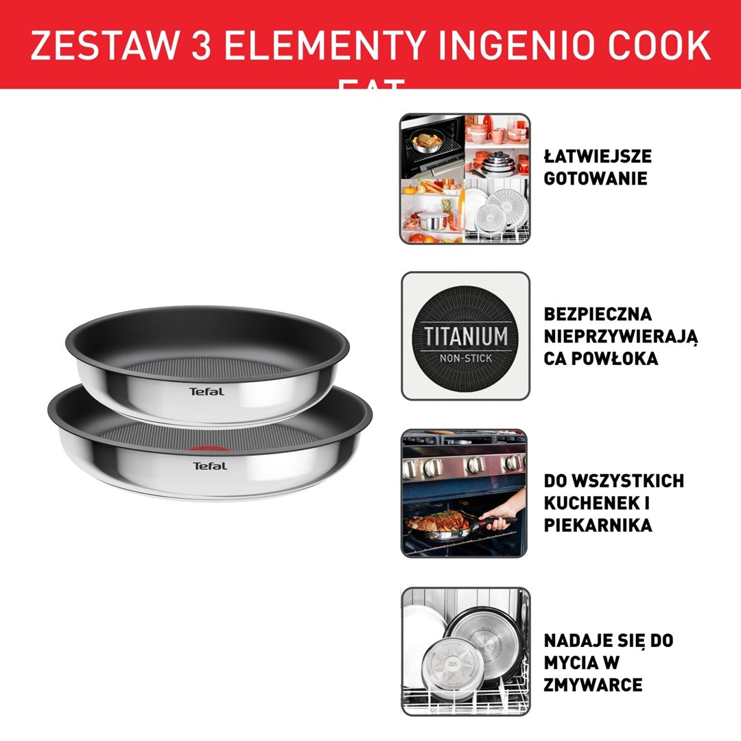 Tefal Ingenio Cook Eat L8813S75 Frying Pan Set of 2 Stainless Steel Non-Stick Silver