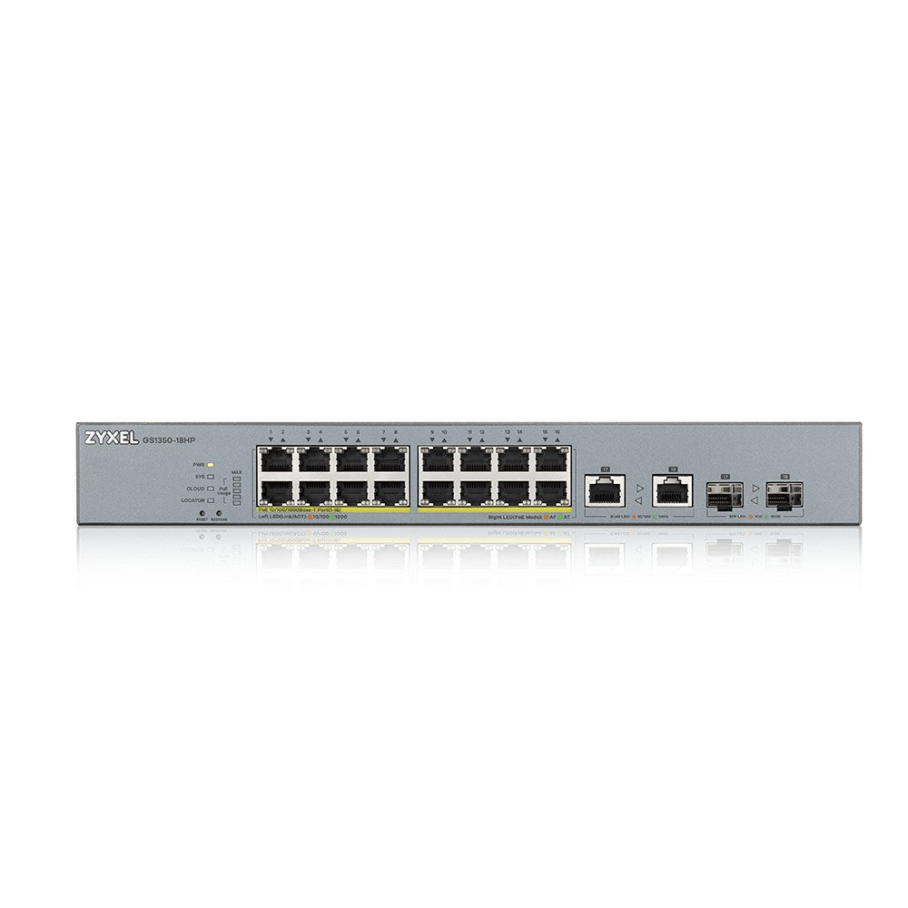 Zyxel GS1350-18HP - Smart Switch - 16 x 10/100/1000 (PoE+) + 2 x Combo Gigabit Ethernet/SFP - Desktop - PoE+ (250 W)