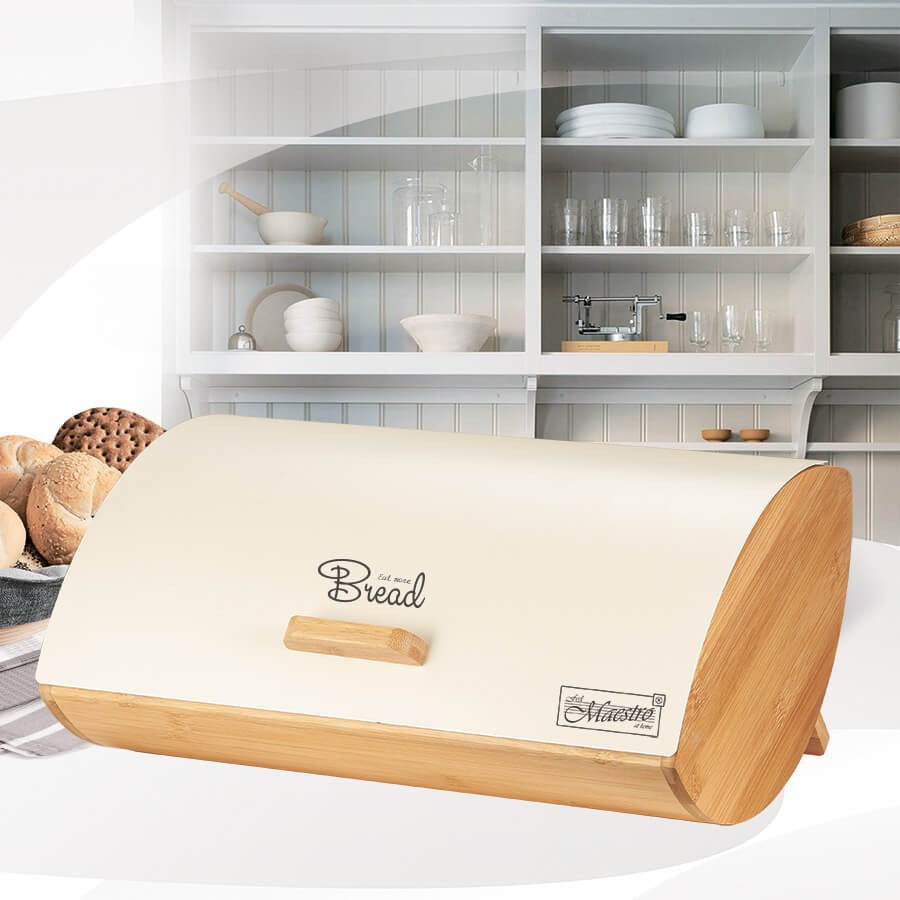 Maestro MR-1775-IVORY Bread Box Ivory Wood Bamboo Metal