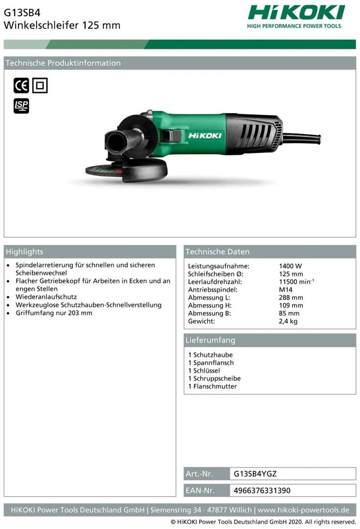 Hikoki G13SB4YGZ angle grinder 3.1 kg