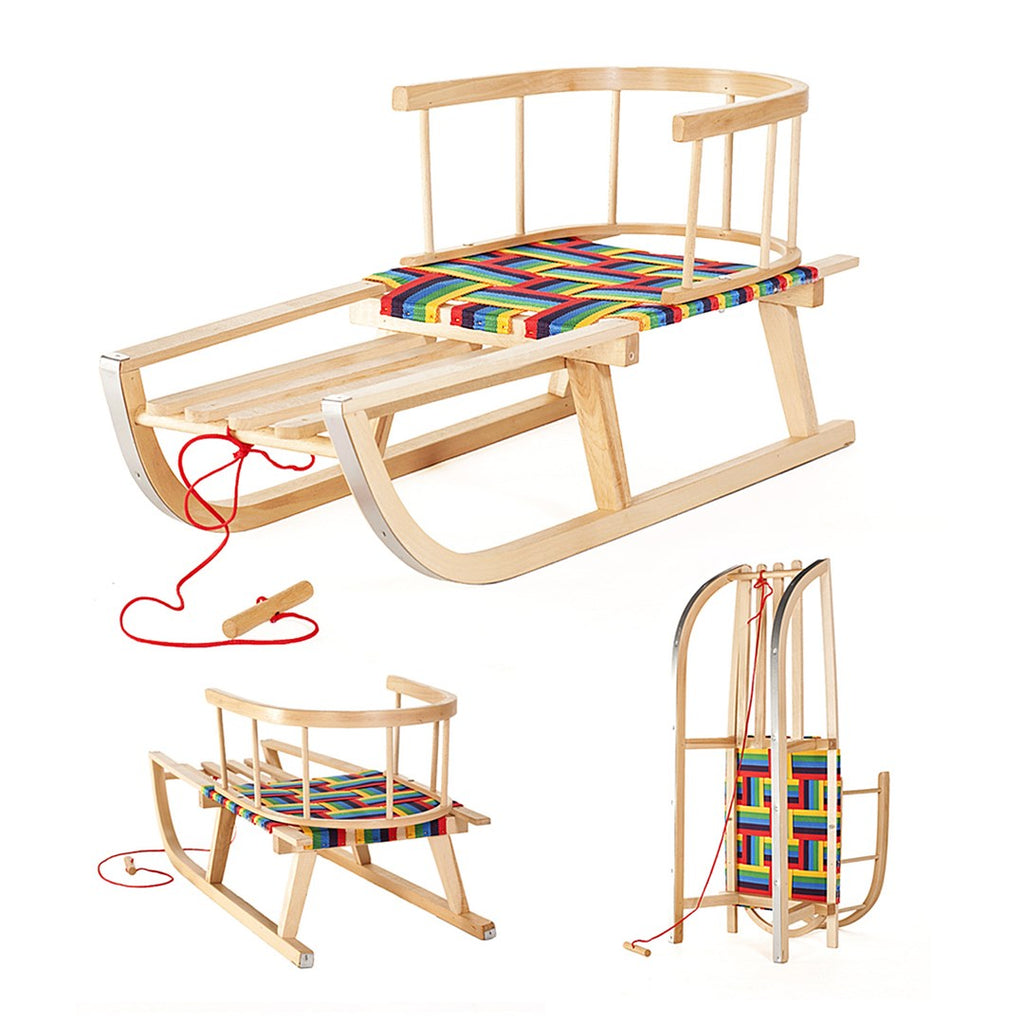 GreenBlue GB138 Wooden Kids Sledge with Removable Backrest Fabric Seat and Pull Rope