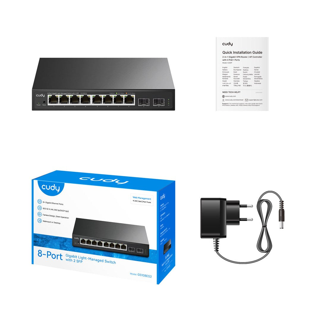 Cudy 8-Port Gigabit Easy-Managed Switch with 2 SFP  GS108ES2 1.0 L2 Gigabit Ethernet (10/100/1000) Black