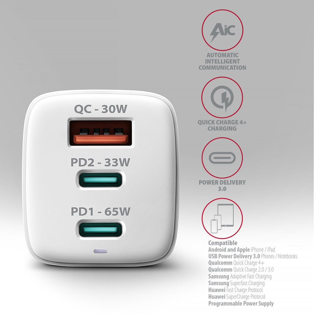 AXAGON ACU-DPQ65W 65W Wall Charger with PD3.0 & QC4+ for Smartphones, Laptops, Tablets