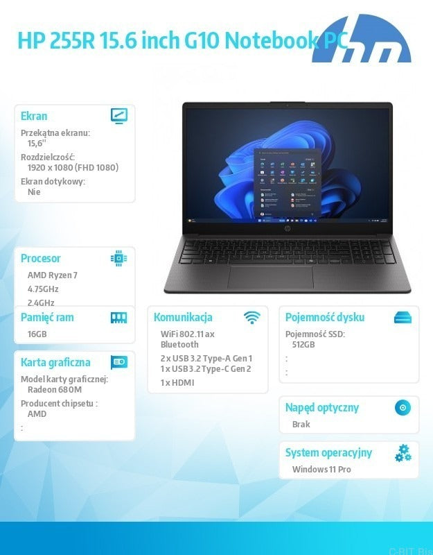 HP 255R G10 Notebook - AMD Ryzen 5 7535U - 2.9 GHz - 16GB RAM - 512GB NVMe SSD - 15.6" AD1K2ET