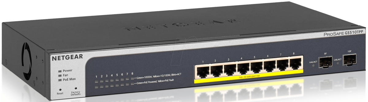 NETGEAR Smart GS510TPP - Switch - L3 Lite - 8 x 10/100/1000 (PoE+) + 2 x SFP - Desktop/Rack (GS510TPP-100EUS)
