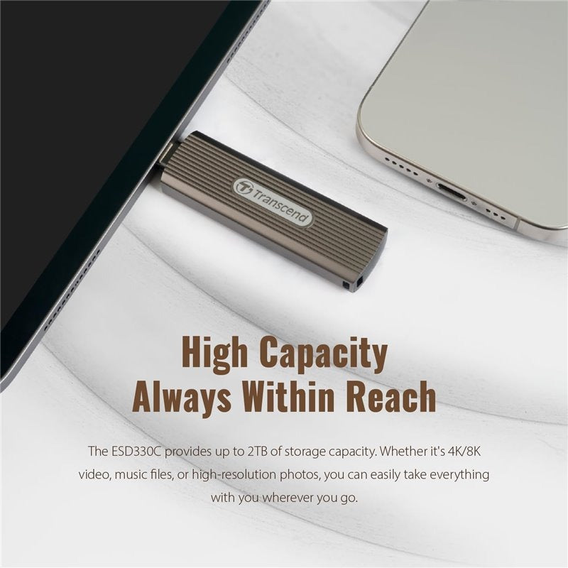 Transcend ESD330C 2TB Encrypted External SSD, USB-C, 256-bit AES, Portable, Dark Grayish Brown (TS2TESD330C)