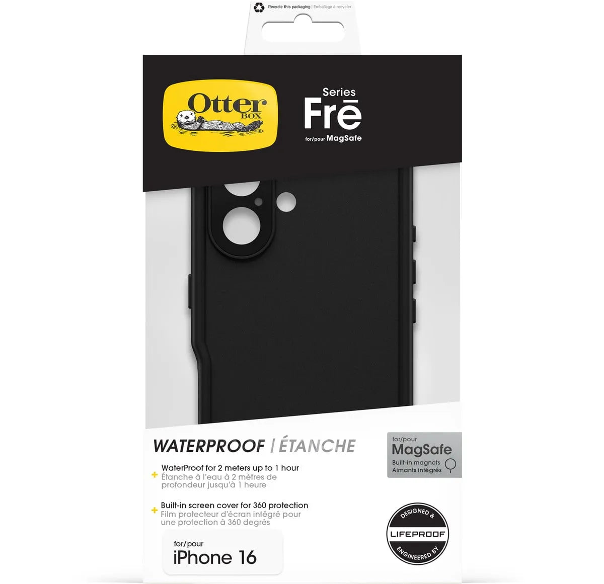 Otter Products OtterBox FRE - Waterproof Case for Mobile Phones - Compatible with MagSafe - Black - for Apple iPhone 16 - Model: 77-96144