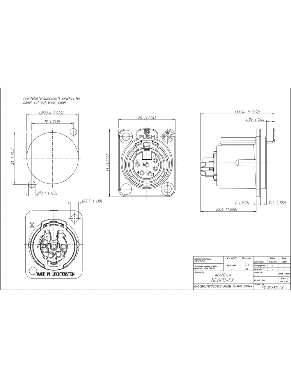 Neutrik NC6FD-LX XLR Connector 6-Pin Silver IEC 61076-2-103 1 Piece IP40