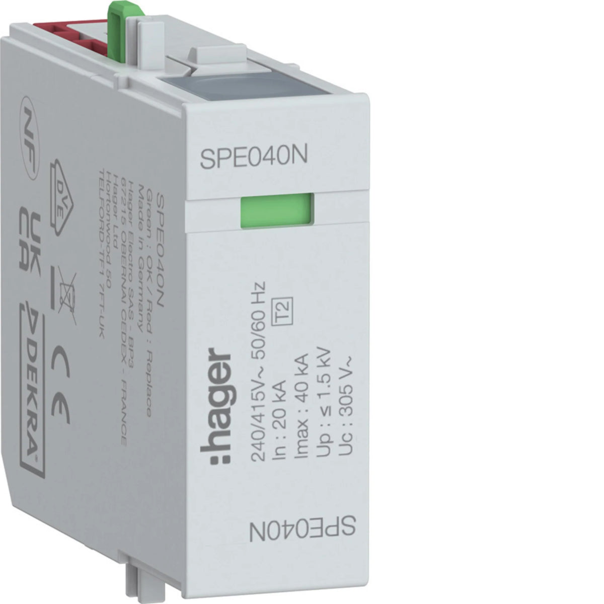 Hager Steckmodul N-PE Uc 255V In SPE040N20kA Imax 40kA Up 1.5kV (SPE040N)