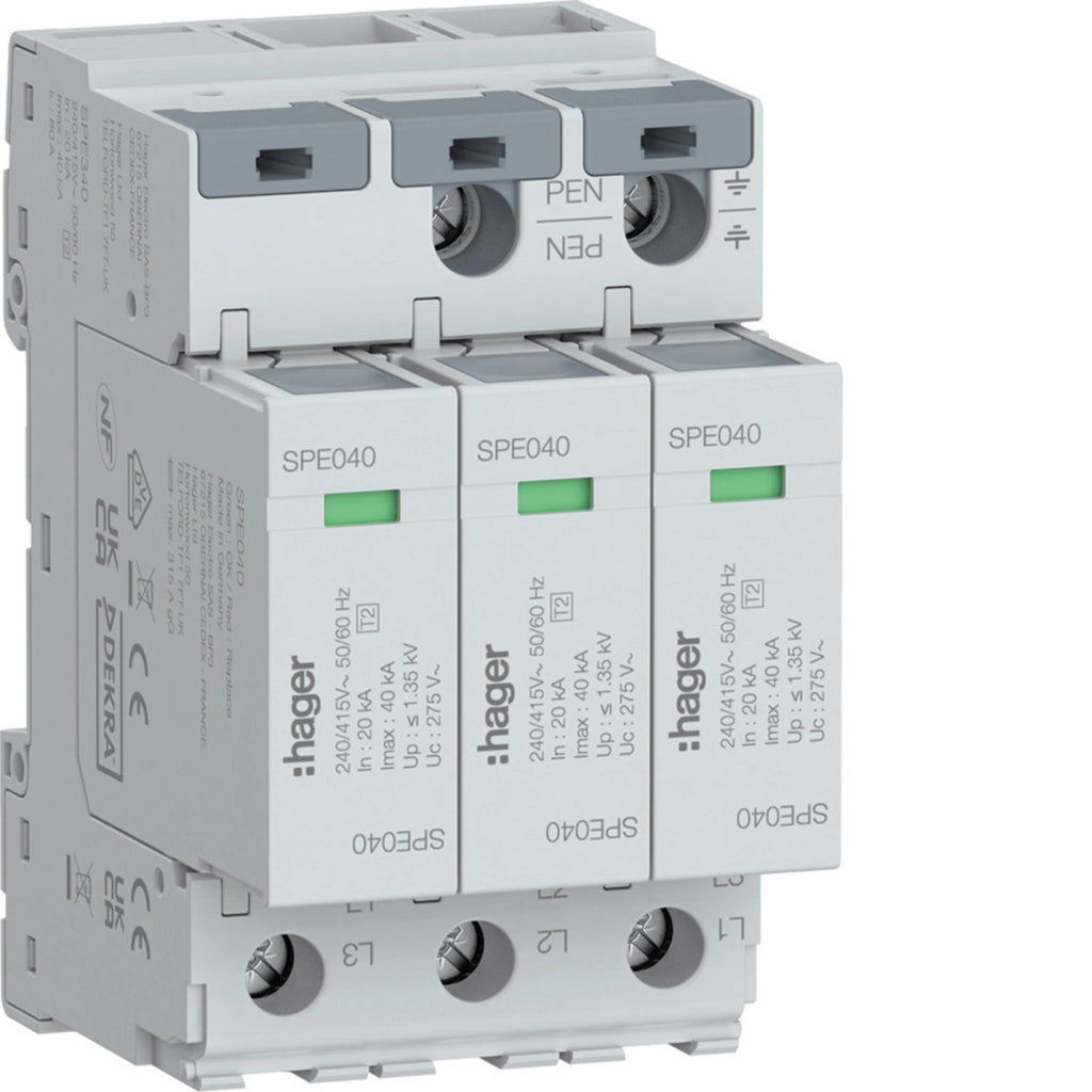 Hager SPE340 - 3P T2 Surge Arrester Uc 275V In 20kA Imax