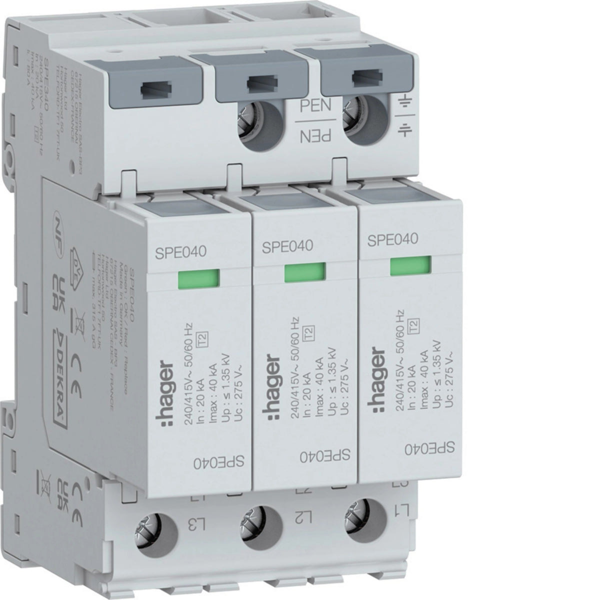 Hager SPE340 - 3P T2 Surge Arrester Uc 275V In 20kA Imax