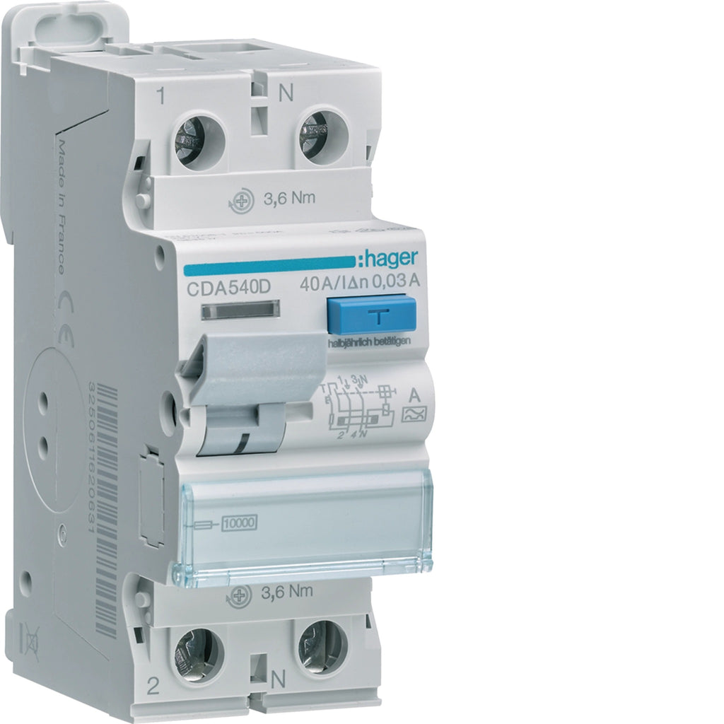 HAGER Residual Current Circuit Breaker 2P 10kA 40A 30mA Type A (CDA540D)