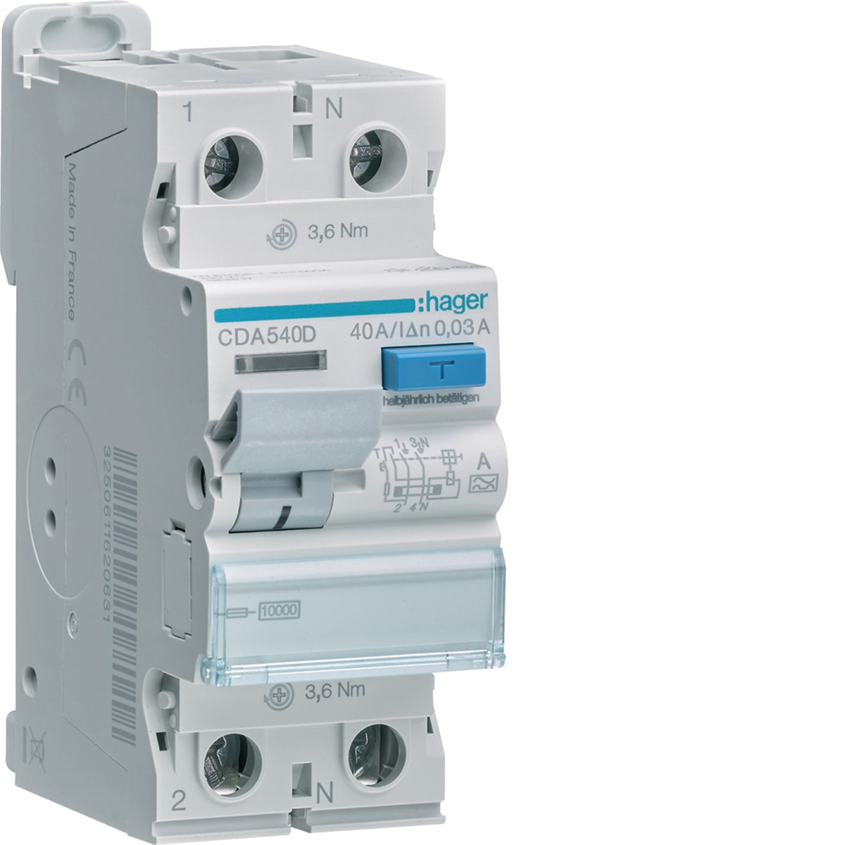 HAGER Residual Current Circuit Breaker 2P 10kA 40A 30mA Type A (CDA540D)